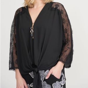 Joseph Ribkoff Black Blouse Style 203685 Zipper Front Sheer Lace Sleeve - Size 8